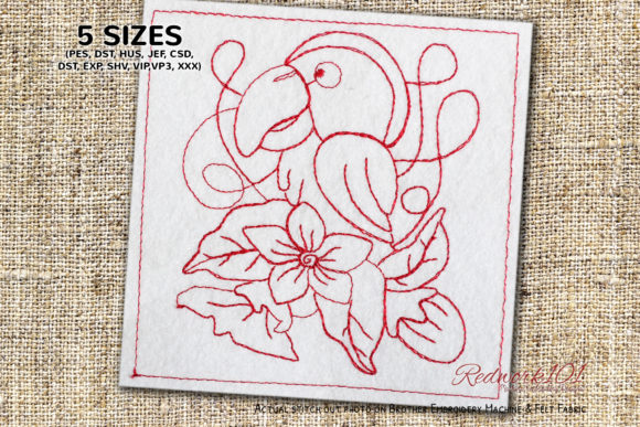 Beautiful Parrot with Flowers Redwork Review