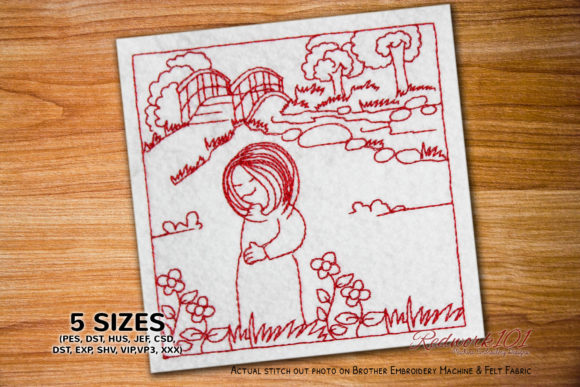 Girl Looking Flowers Redwork: A Review for Gift Embroidery Designers